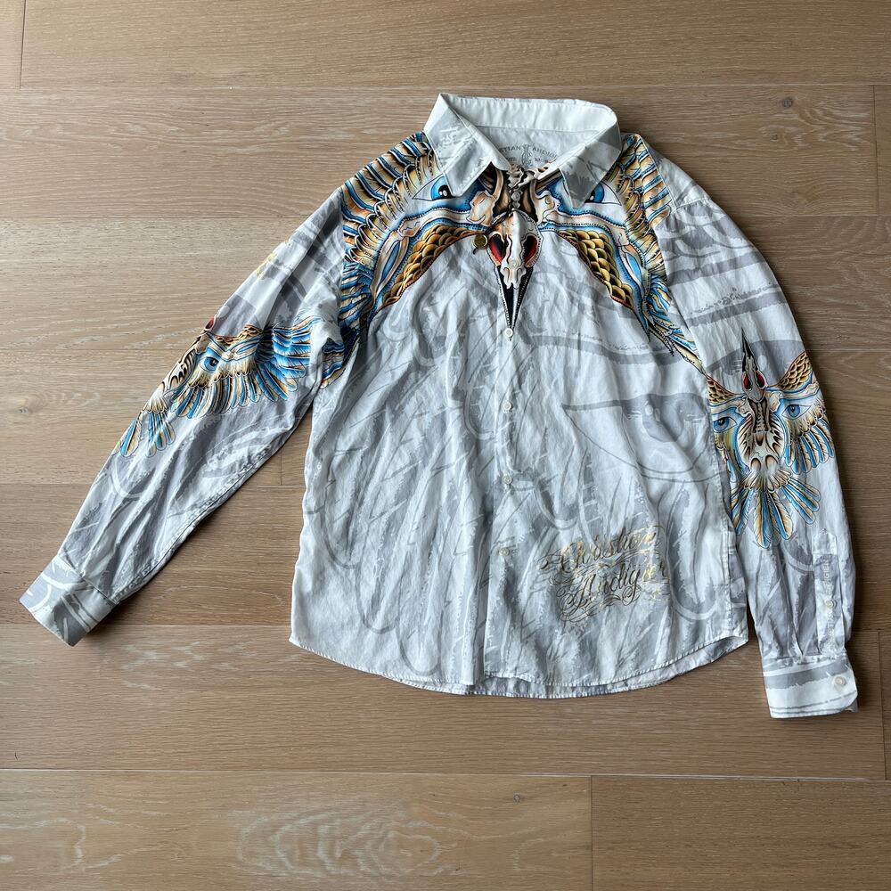 Ed Hardy Skull Eagle Button Up Shirt XL Rare Y2K Graphic